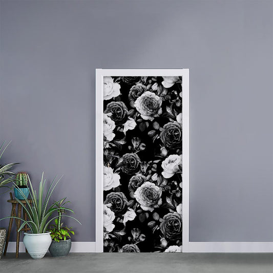 Black White Rose Floral Pattern Print Door Sticker