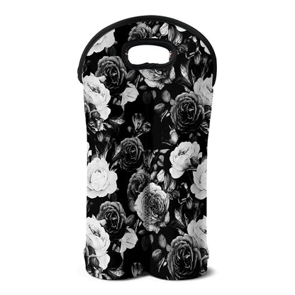 Black White Rose Floral Pattern Print Double Neoprene Wine Tote