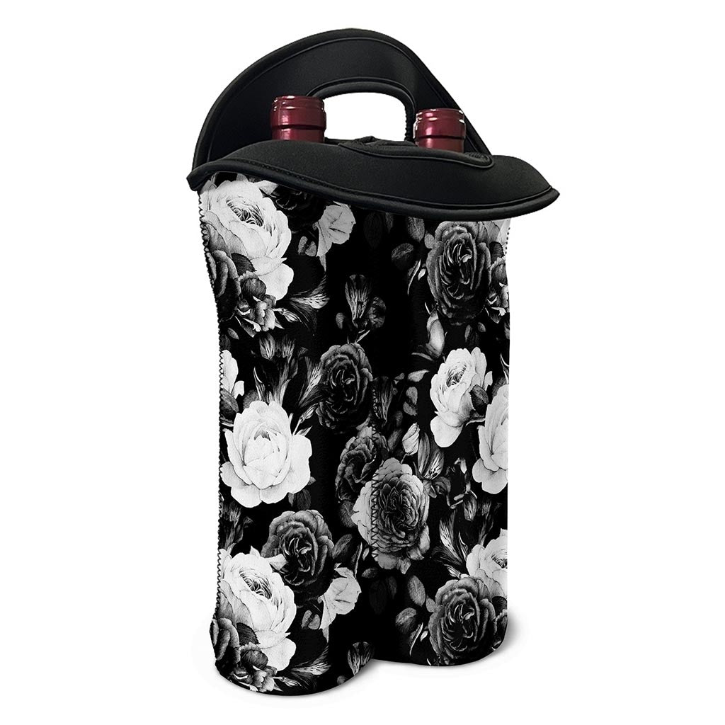 Black White Rose Floral Pattern Print Double Neoprene Wine Tote