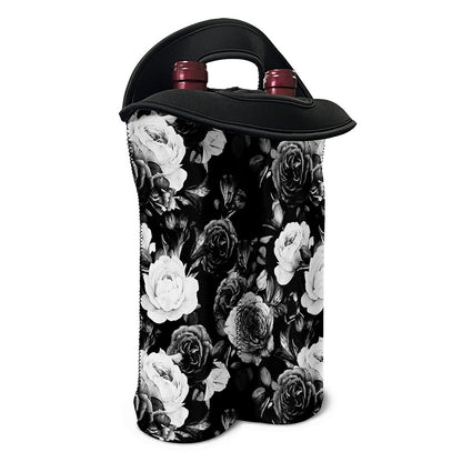 Black White Rose Floral Pattern Print Double Neoprene Wine Tote
