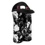 Black White Rose Floral Pattern Print Double Neoprene Wine Tote