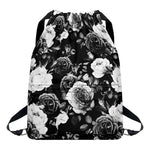 Black White Rose Floral Pattern Print Drawstring Backpack