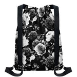 Black White Rose Floral Pattern Print Drawstring Backpack