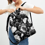 Black White Rose Floral Pattern Print Drawstring Backpack
