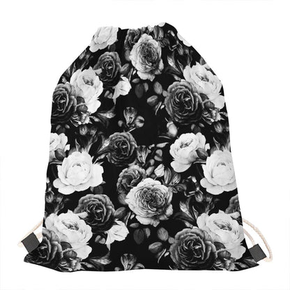 Black White Rose Floral Pattern Print Drawstring Bag
