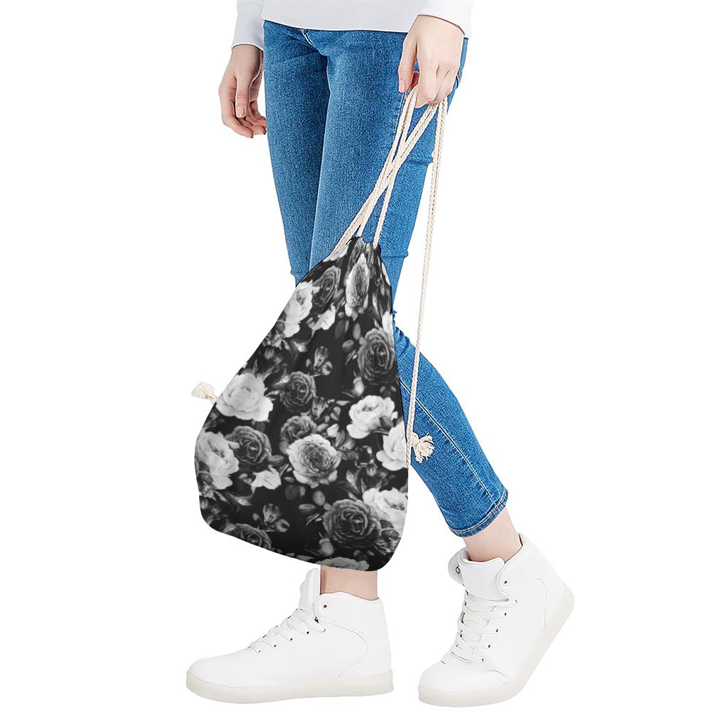 Black White Rose Floral Pattern Print Drawstring Bag