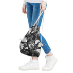 Black White Rose Floral Pattern Print Drawstring Bag