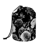 Black White Rose Floral Pattern Print Drawstring Makeup Bag