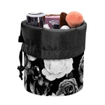 Black White Rose Floral Pattern Print Drawstring Makeup Bag