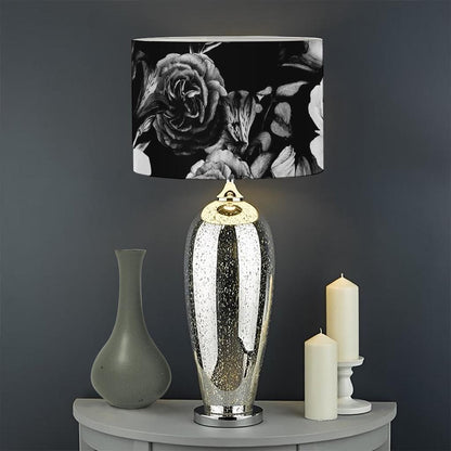 Black White Rose Floral Pattern Print Drum Lamp Shade