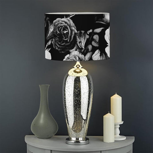 Black White Rose Floral Pattern Print Drum Lamp Shade