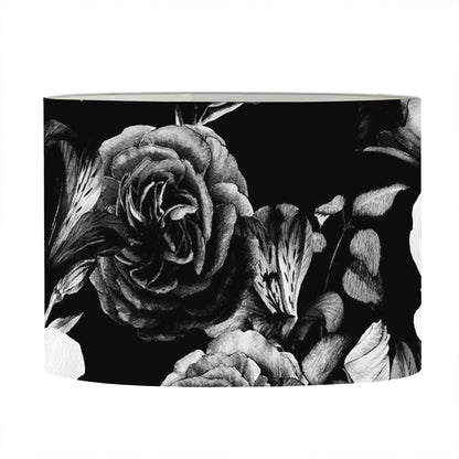 Black White Rose Floral Pattern Print Drum Lamp Shade
