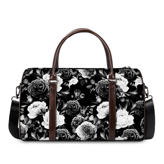 Black White Rose Floral Pattern Print Duffle Bag