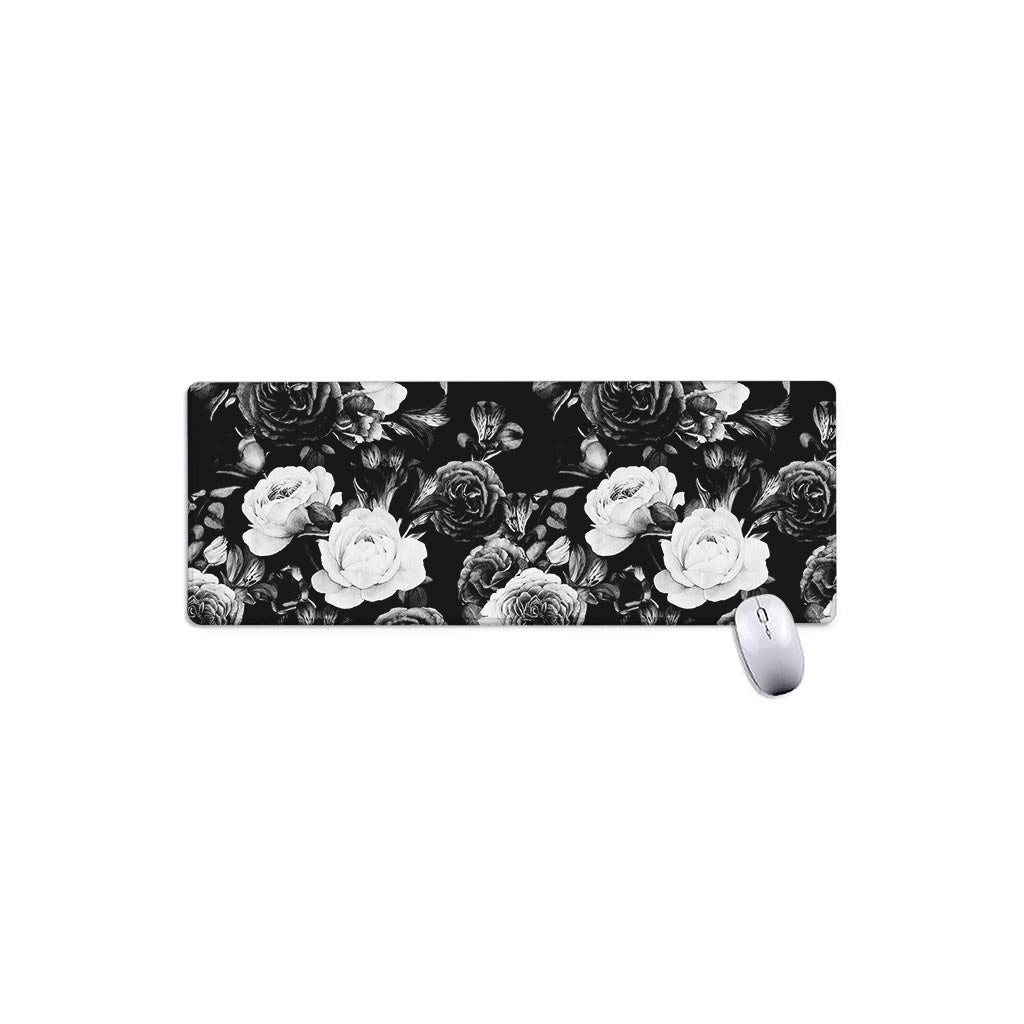 Black White Rose Floral Pattern Print Extended Mouse Pad