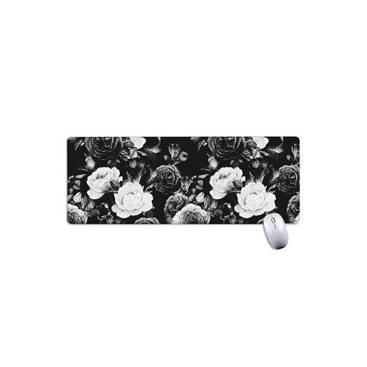 Black White Rose Floral Pattern Print Extended Mouse Pad