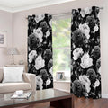 Black White Rose Floral Pattern Print Extra Wide Grommet Curtains