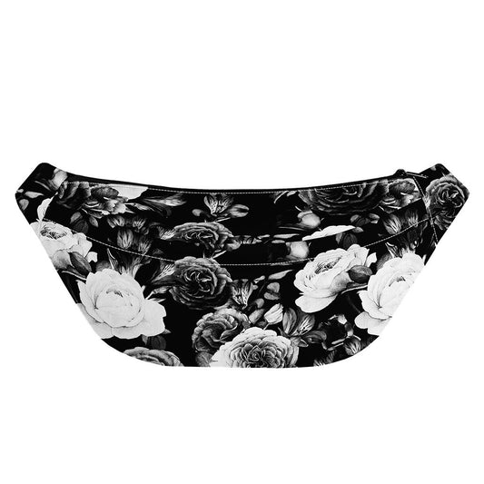 Black White Rose Floral Pattern Print Fanny Pack