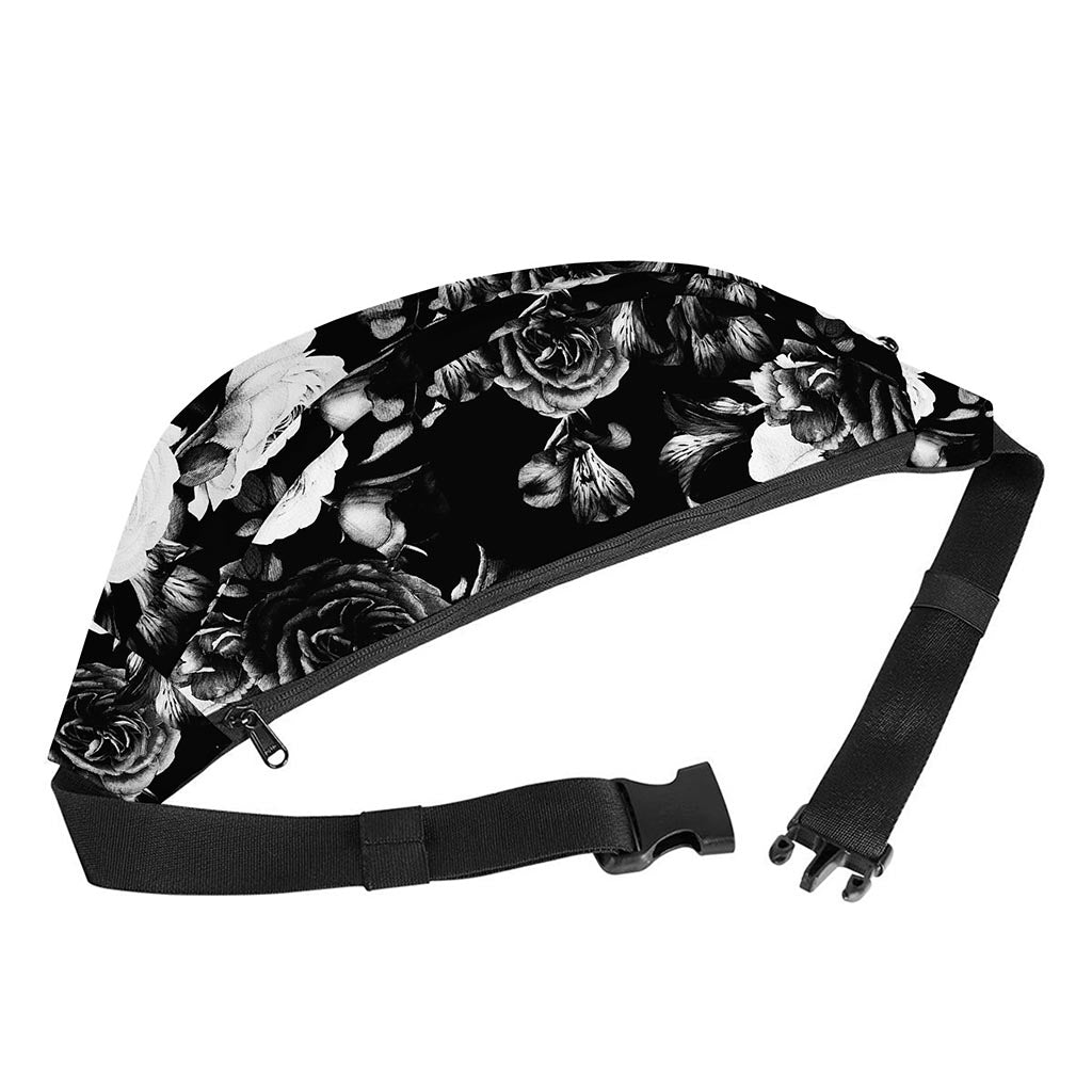 Black White Rose Floral Pattern Print Fanny Pack
