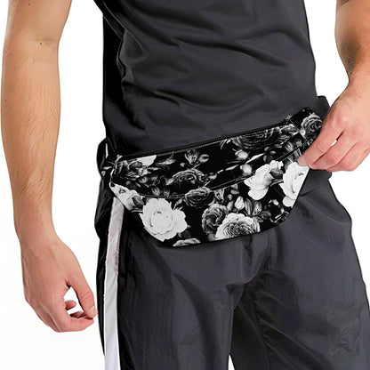 Black White Rose Floral Pattern Print Fanny Pack