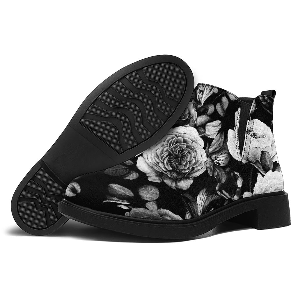 Black White Rose Floral Pattern Print Flat Ankle Boots