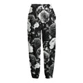 Black White Rose Floral Pattern Print Fleece Lined Knit Pants