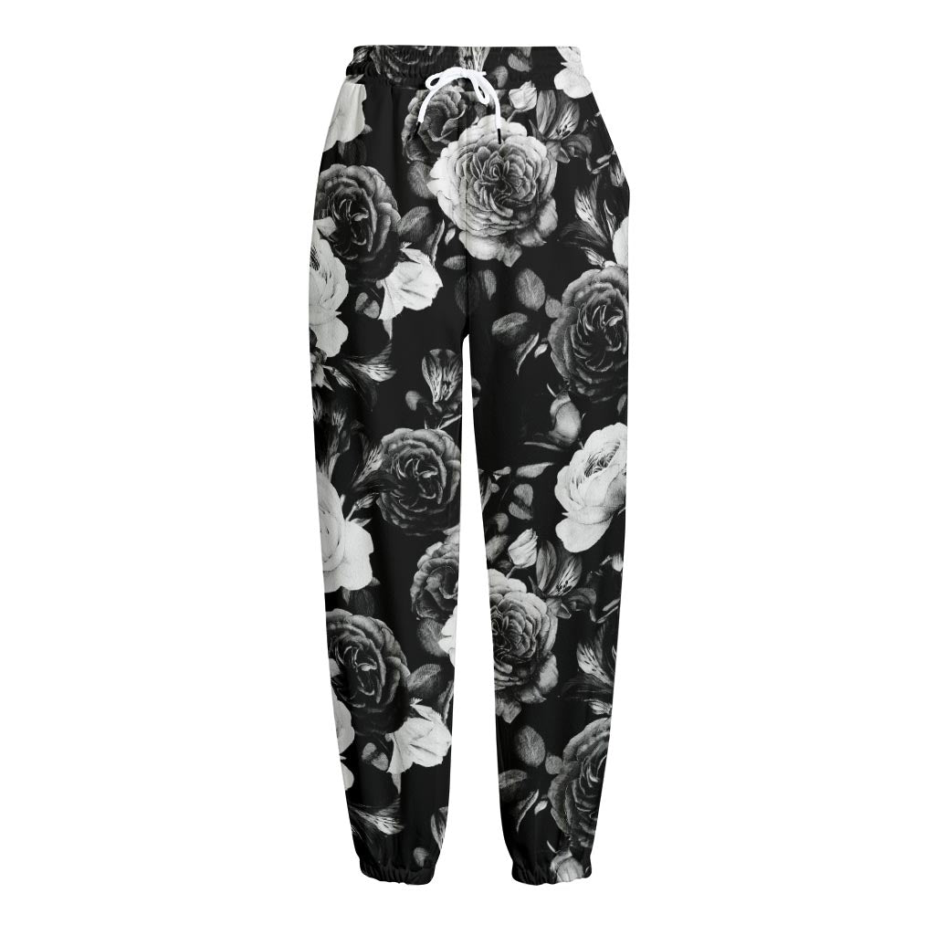 Black White Rose Floral Pattern Print Fleece Lined Knit Pants