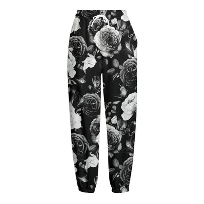 Black White Rose Floral Pattern Print Fleece Lined Knit Pants