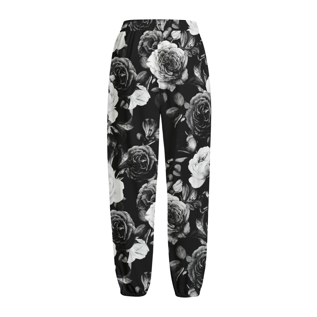 Black White Rose Floral Pattern Print Fleece Lined Knit Pants