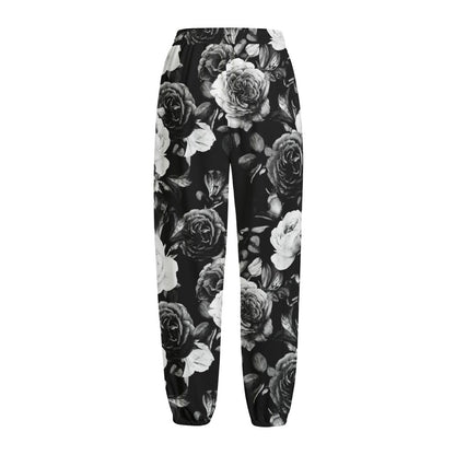 Black White Rose Floral Pattern Print Fleece Lined Knit Pants
