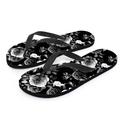 Black White Rose Floral Pattern Print Flip Flops
