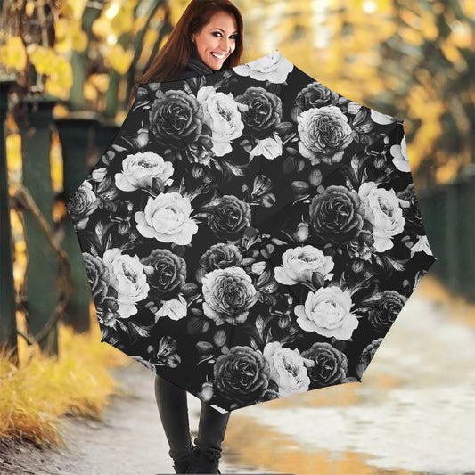 Black White Rose Floral Pattern Print Foldable Umbrella