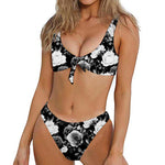 Black White Rose Floral Pattern Print Front Bow Tie Bikini