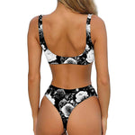 Black White Rose Floral Pattern Print Front Bow Tie Bikini