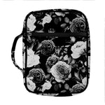 Black White Rose Floral Pattern Print Front Pocket Bible Bag