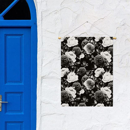 Black White Rose Floral Pattern Print Garden Flag