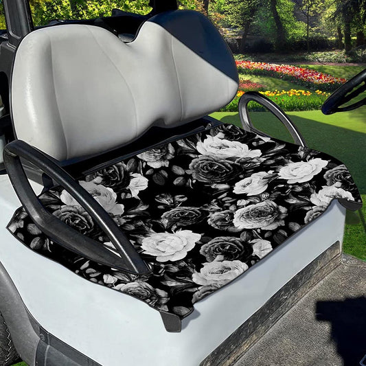 Black White Rose Floral Pattern Print Golf Cart Seat Cover