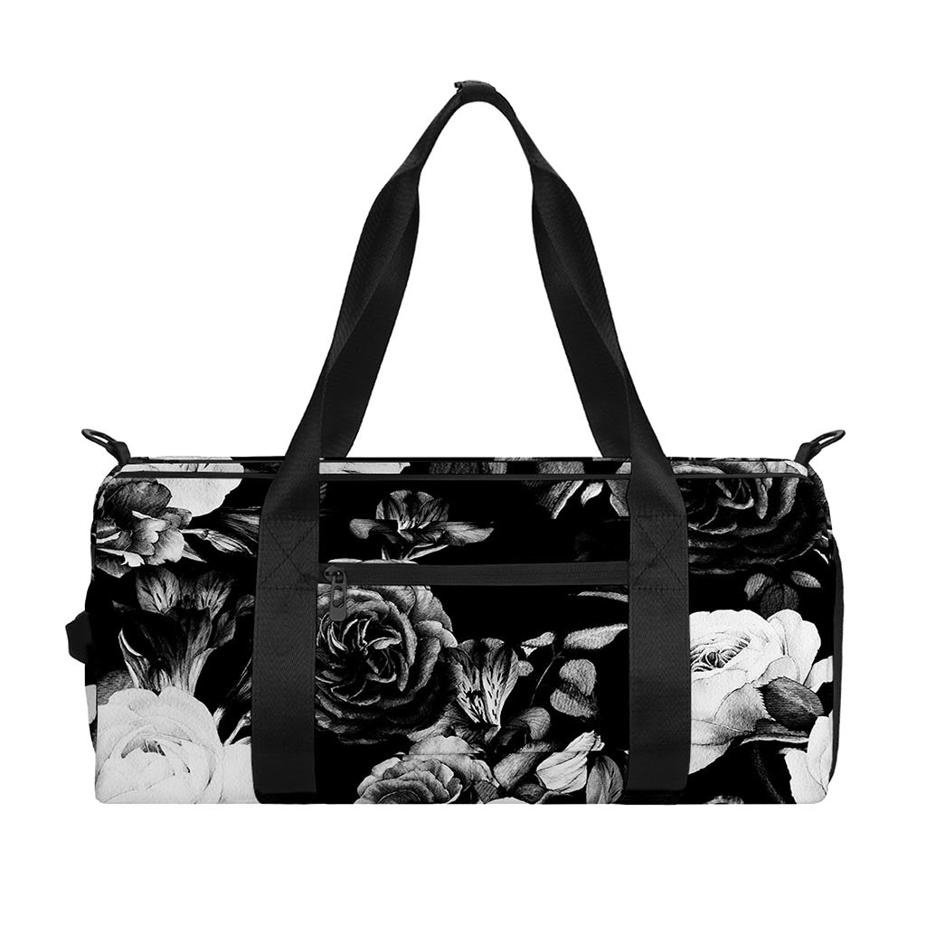 Black White Rose Floral Pattern Print Gym Bag