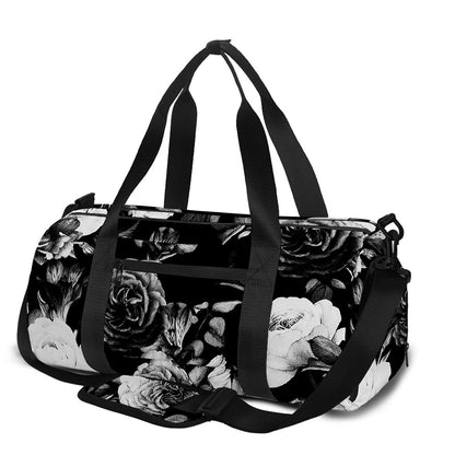 Black White Rose Floral Pattern Print Gym Bag