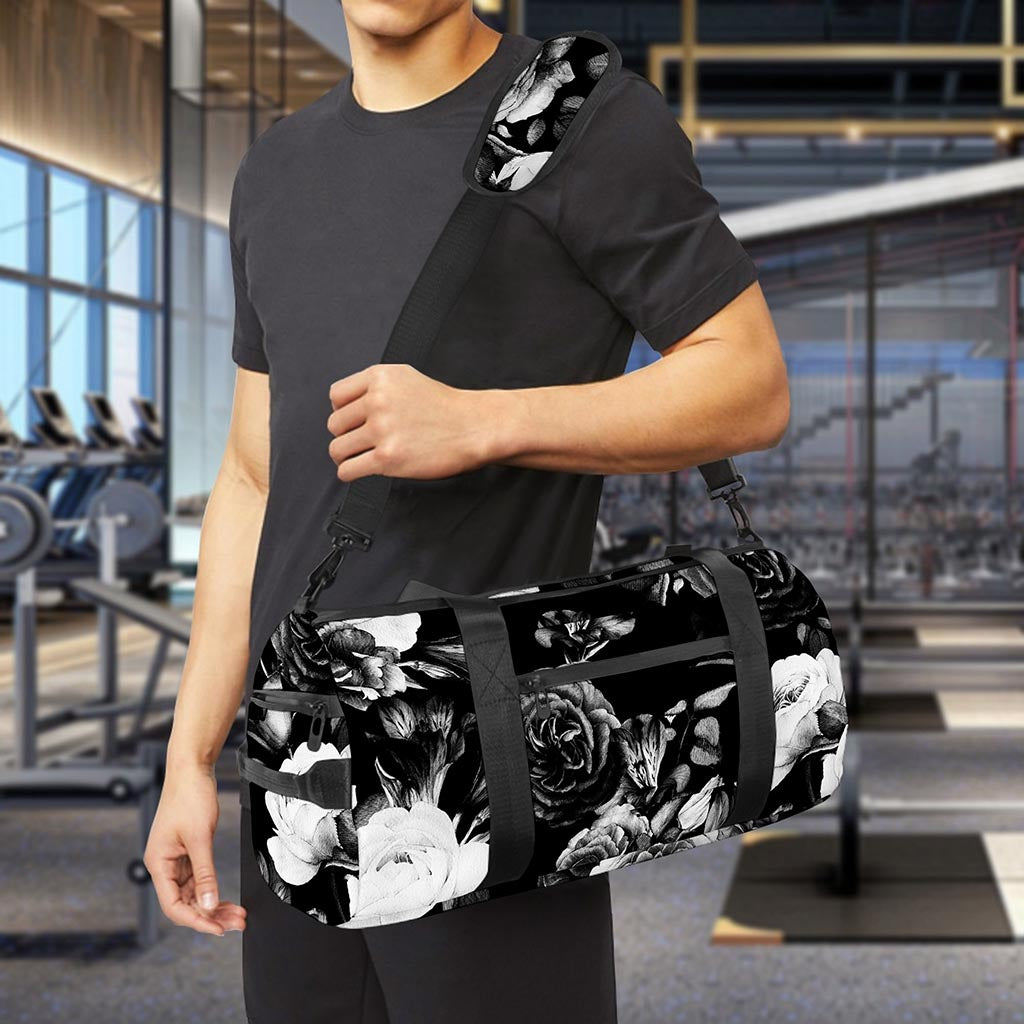 Black White Rose Floral Pattern Print Gym Bag