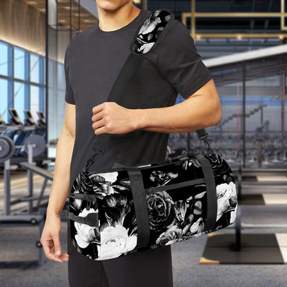 Black White Rose Floral Pattern Print Gym Bag