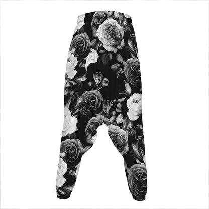 Black White Rose Floral Pattern Print Hammer Pants