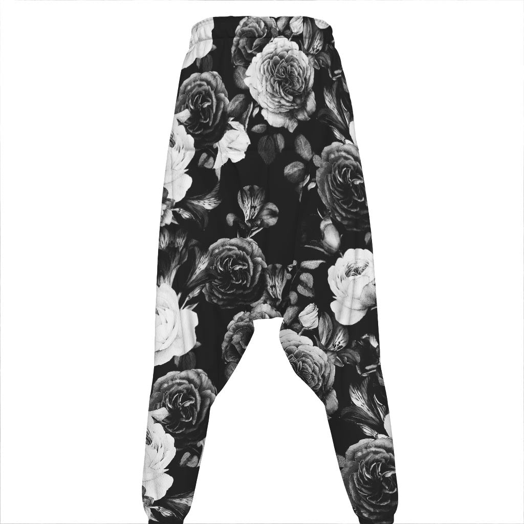 Black White Rose Floral Pattern Print Hammer Pants
