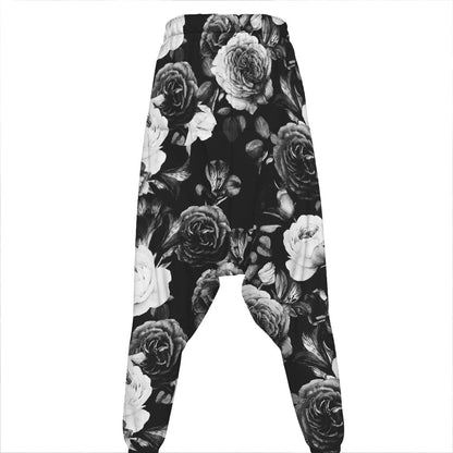 Black White Rose Floral Pattern Print Hammer Pants