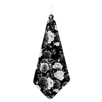 Black White Rose Floral Pattern Print Hand Towel