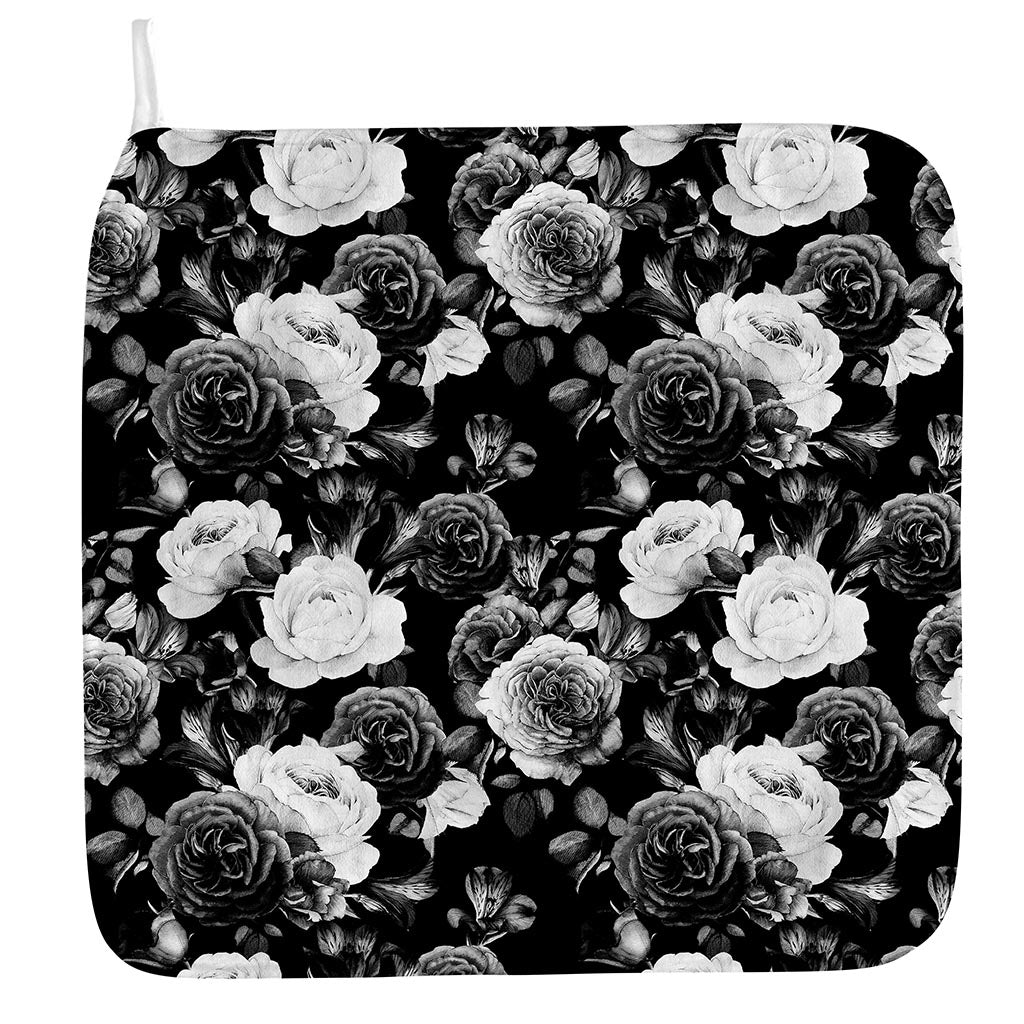 Black White Rose Floral Pattern Print Hand Towel