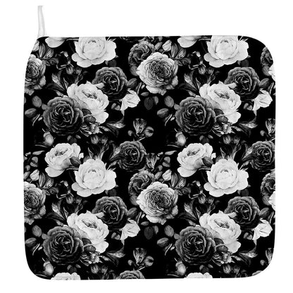 Black White Rose Floral Pattern Print Hand Towel