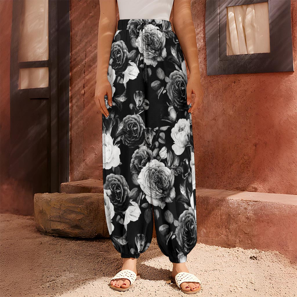 Black White Rose Floral Pattern Print Harem Pants