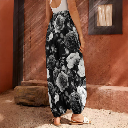 Black White Rose Floral Pattern Print Harem Pants