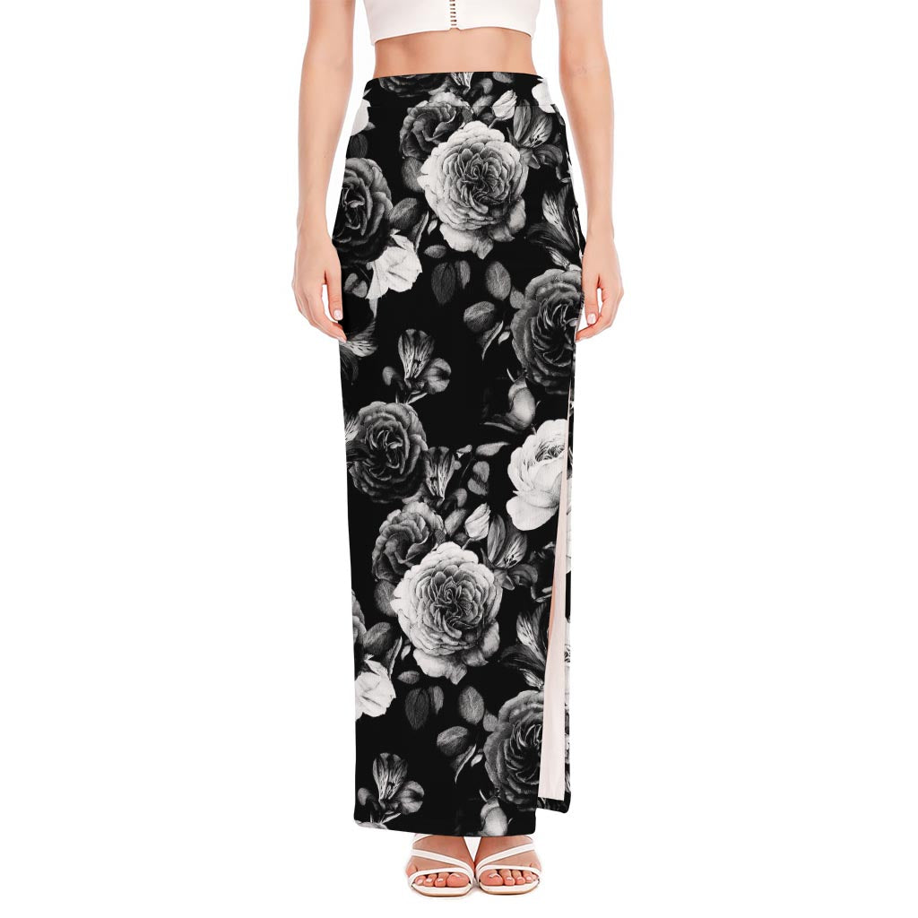 Black White Rose Floral Pattern Print High Slit Maxi Skirt