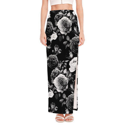 Black White Rose Floral Pattern Print High Slit Maxi Skirt